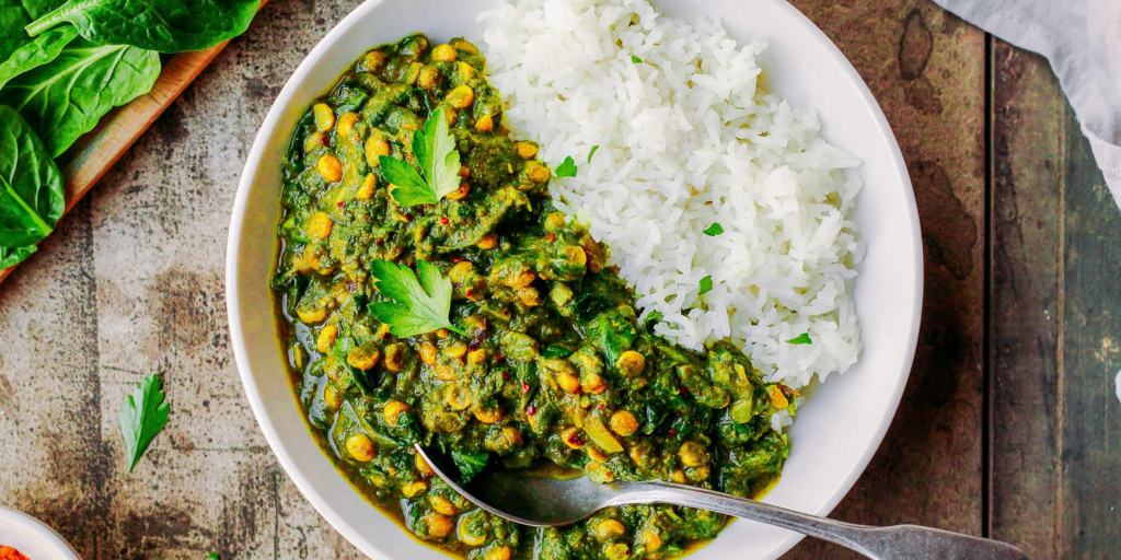 Dal palak with brown rice