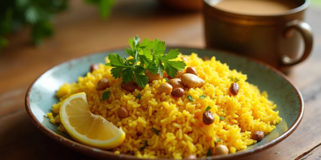 Poha with peanuts and potatoes